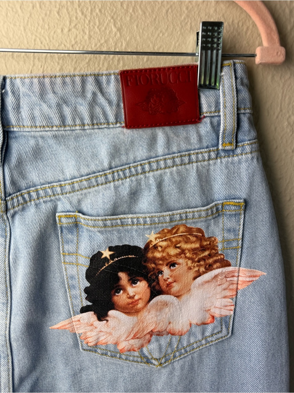 Fiorucci Light Blue Denim Wide Leg Jeans with Cherub Pocket Patch - Picture 4 of 12